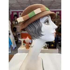 vintage 1950s hat, brown and green striped, mrs maisel millinery, Eva Mae modes